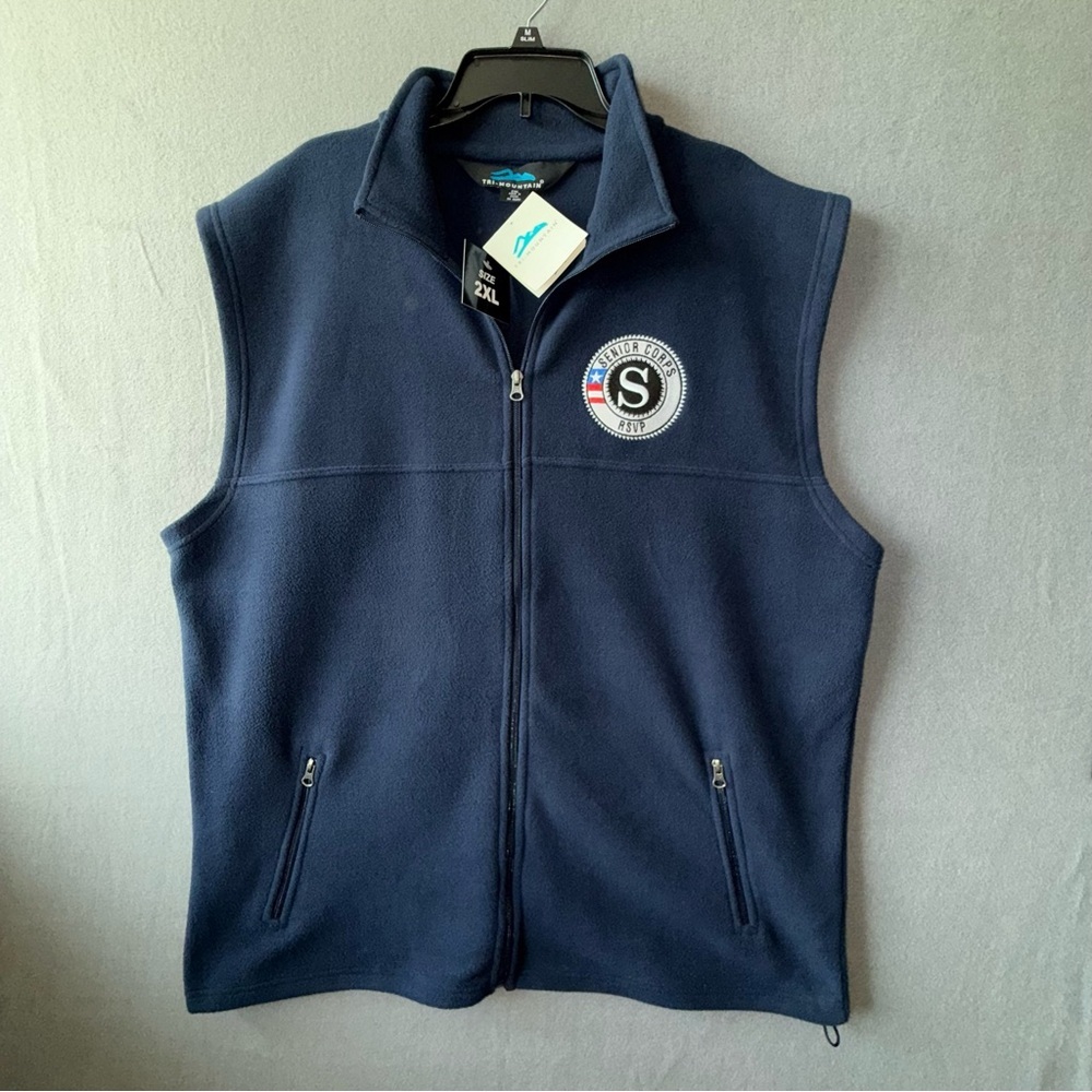 TRI-MOUNTAIN Men's Navy Blue Sleeveless Fleece Vest‎ Senior Corps RSVP logo 2XL